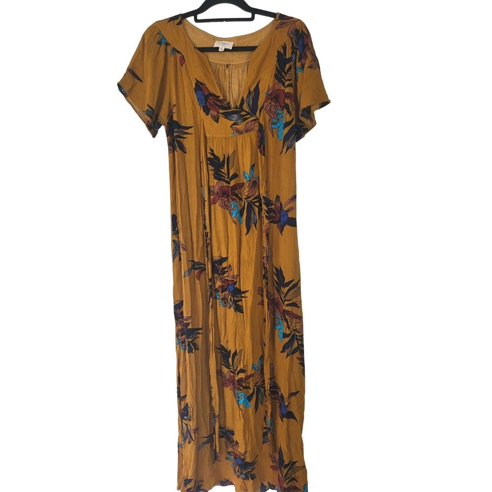 Everly Maxi Dress Medium Womens Brown Floral Short Sleeve V Neck Pullover Summer